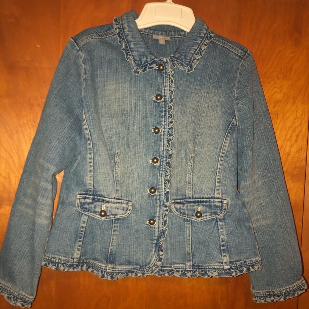 J.Jill denim jean jacket ruffle trim size Small Petite SP